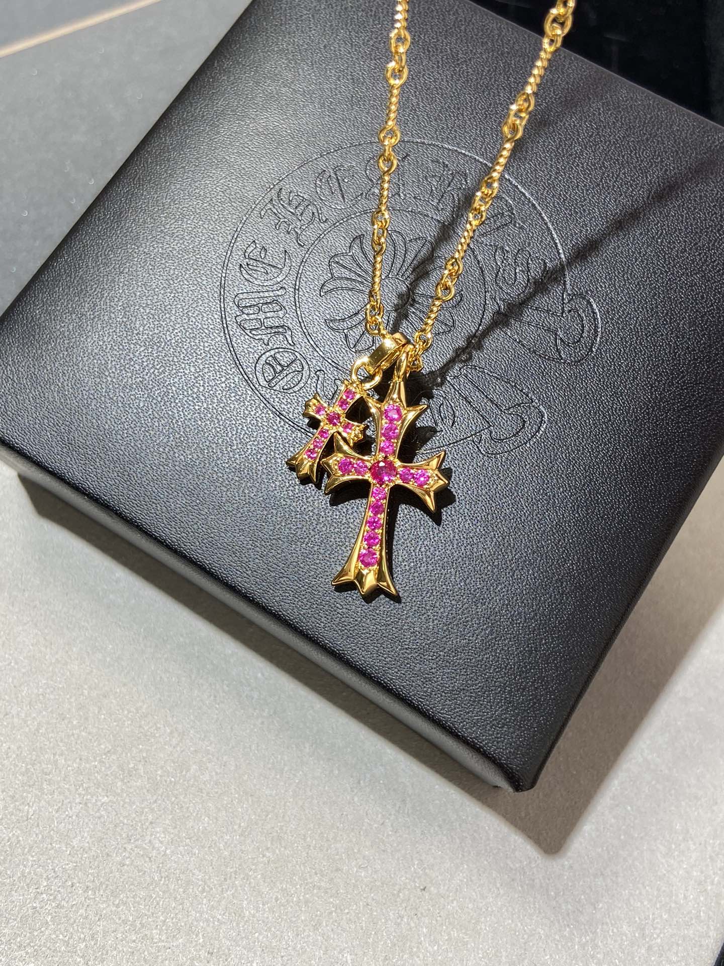 Chrome Hearts Gold Cross Pendant Necklace with Pink Stones